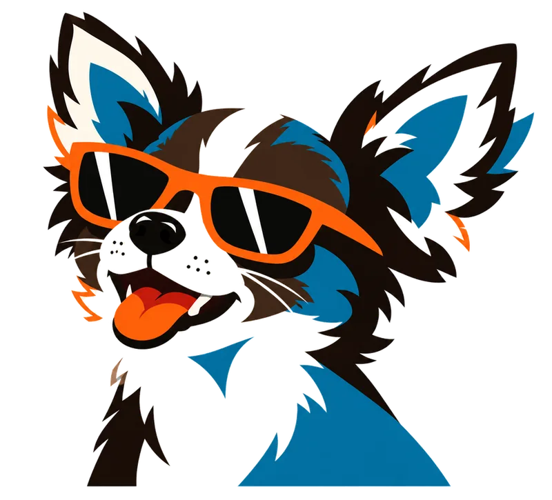 La mascotte des Cabots, un petit chien à lunettes orange